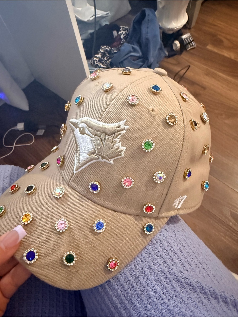 Bejeweled Tan Baseball Cap with White Logo